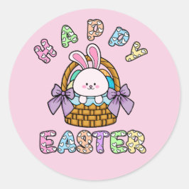Paashaas met eiermand ronde sticker