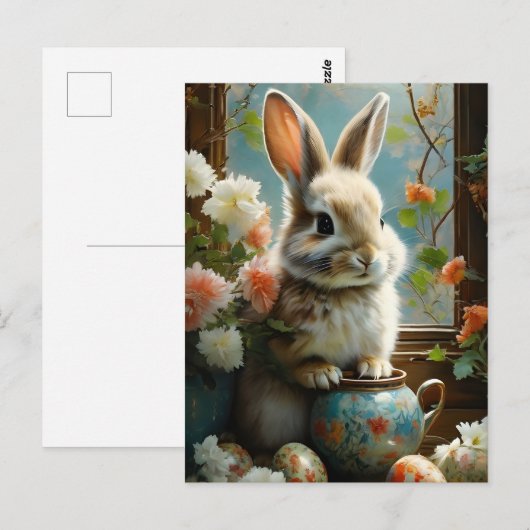 Paashaas met gedetailleerde eieren en bloemen briefkaart (Voorkant / Achterkant)