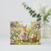 Paashaas met Pasen Mand, Lentetuin Feestdagenkaart (Staand voorkant)