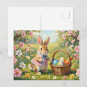Paashaas met Pasen Mand, Lentetuin Feestdagenkaart (Voorkant / Achterkant)