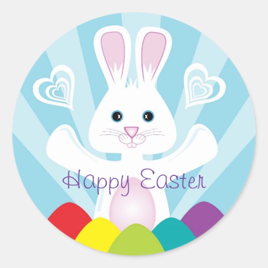 Paashaas met regenboogeieren, Gelukkig Pasen Ronde Sticker (Voorkant)
