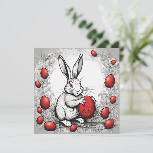 Paashaas met rood ei feestdagenkaart (Staand voorkant)