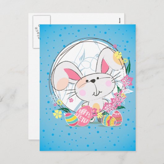Paashaas met versierde eieren en voorjaarsbloem feestdagenkaart (Voorkant / Achterkant)