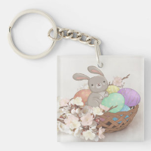 Paashaas, paaseieren en bloemen illustratie sleutelhanger