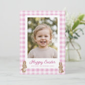 Paashaas Roze Gingham Foto Feestdagenkaart (Staand voorkant)