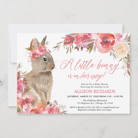 Paashaas roze koraal bloemenmeisje baby shower kaart (Voorkant)