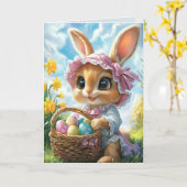 Paashaas Roze Mutssche Mand Eieren Kaart (Gele Bloem)