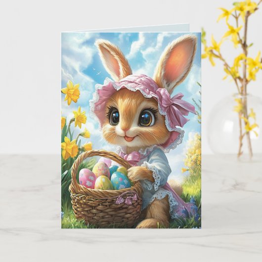 Paashaas Roze Mutssche Mand Eieren Kaart (Gele Bloem)