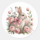 Paashaas roze strik bloemen ronde sticker (Voorkant)
