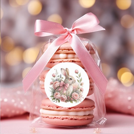 Paashaas roze strik bloemen ronde sticker