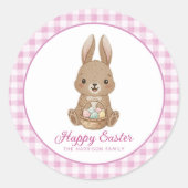 Paashaas Roze Waterverf Gingham Ronde Sticker (Voorkant)