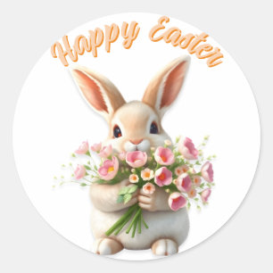 Paashaas Schattige Bloemenboeket Happy Easter Ronde Sticker