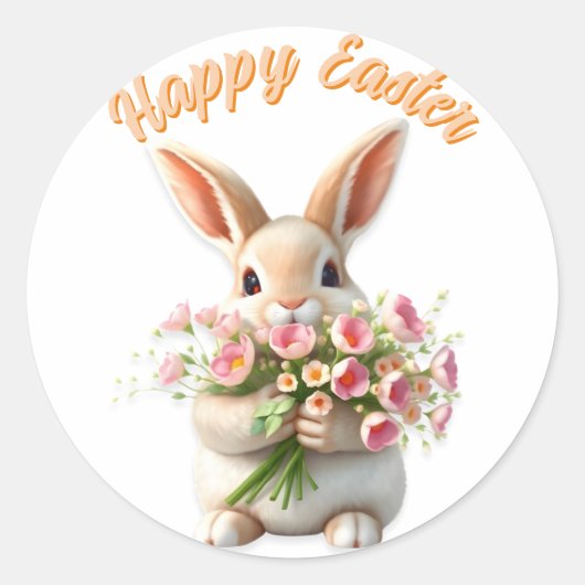 Paashaas Schattige Bloemenboeket Happy Easter Ronde Sticker (Voorkant)