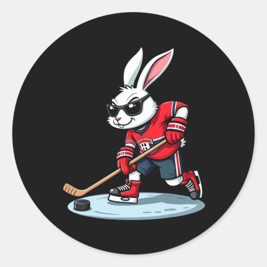 Paashaas speelt ijshockey ronde sticker (Voorkant)