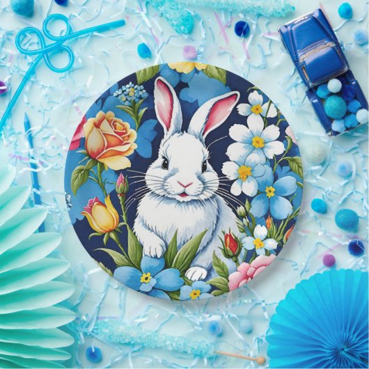 Paashaas Spring Floral Navy Blauw Papieren Bordje (Feest)