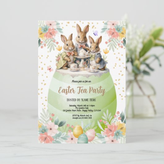 Paashaas thee party uitnodiging. pastelgroen kaart (Staand voorkant)