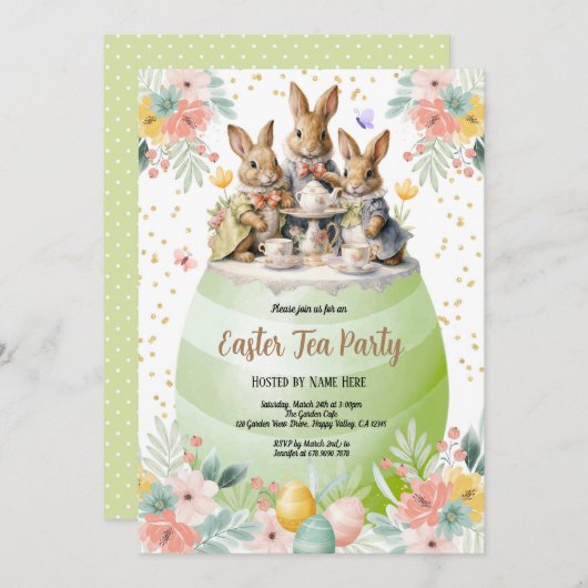 Paashaas thee party uitnodiging. pastelgroen kaart (Voorkant / Achterkant)