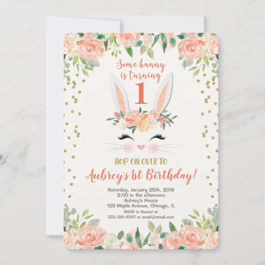 Paashaas verjaardagsuitnodiging perziken en room kaart (Voorkant)