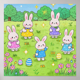 Paashaas verstopt eieren in een tuin poster