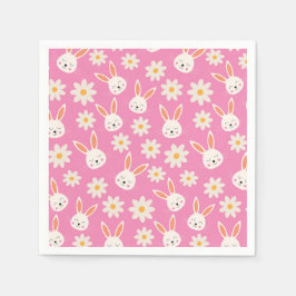 Paashaasjes met Witte Bloemen op Roze  Servet
