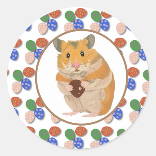 Paashamster met chocolade-eieren  ronde sticker (Voorkant)