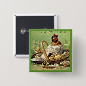 paashoen en kippen in mandje vierkante button 5,1 cm (Voorkant /achterkant)