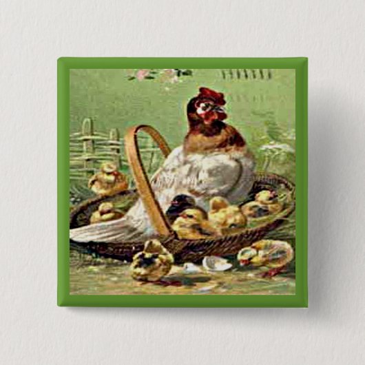 paashoen en kippen in mandje vierkante button 5,1 cm (Voorkant)