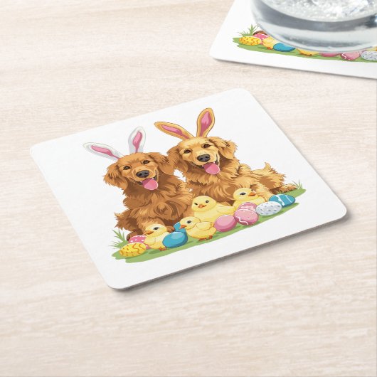 Paashond Golden Retriever Honden Bunny Ears Kartonnen Onderzetters (Schuin)