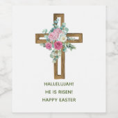 Paashout Kruis roze Floral Hij is gerezen Wijn Etiket (Enkel label)