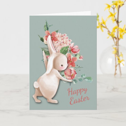 Paaskaart met bloemen bezorgende paashaas kaart (Gele Bloem)