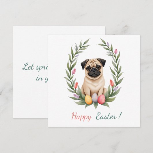 Paaskaart met een afbeelding van een mopshond feestdagenkaart (Voorkant / Achterkant)