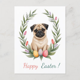 Paaskaart met een afbeelding van een mopshond feestdagenkaart
