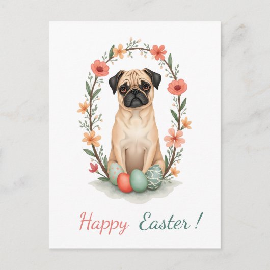 Paaskaart met een afbeelding van een mopshond feestdagenkaart (Voorkant)