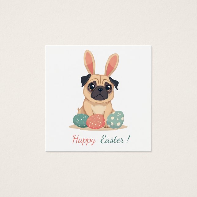 Paaskaart met een afbeelding van een mopshond vierkante visitekaartjes (Voorkant)