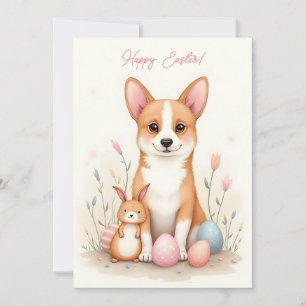 Paaskaart met een corgi hond in pastelkleuren feestdagenkaart
