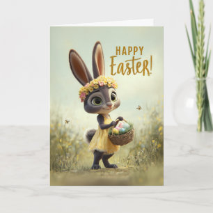 Paaskaart met lente konijn in gele jurk kaart