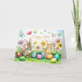 Paaskaart met schattige konijntjes, bloemen en eie feestdagen kaart