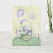 Paaskaart waterverf konijn en eierenmand kaart (Voorkant)