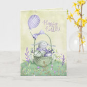 Paaskaart waterverf konijn en eierenmand kaart (Gele Bloem)