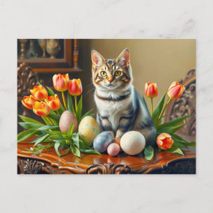 Paaskat met eieren en tulpen briefkaart