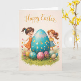Paaskinderen en kleurrijke ei groet kaart