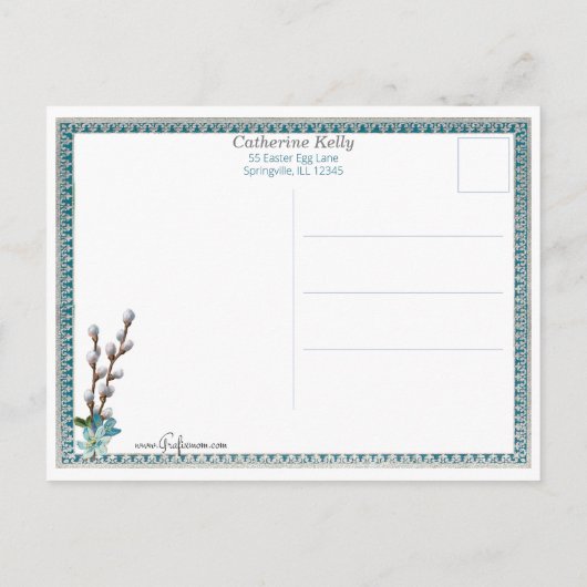 paaskip en vergeet-me-nots briefkaart (Achterkant)