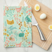 Paaskippen, konijntjes en bloemen patroon theedoek (Quarter Fold)