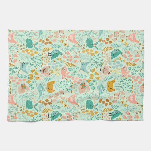 Paaskippen, konijntjes en bloemen patroon theedoek (Horizontaal)