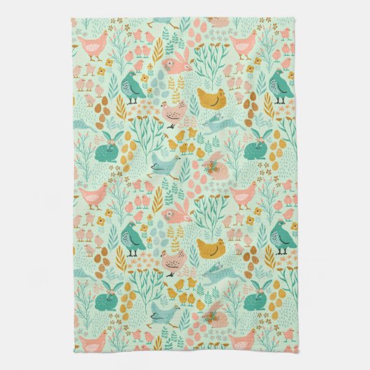 Paaskippen, konijntjes en bloemen patroon theedoek (Verticaal)