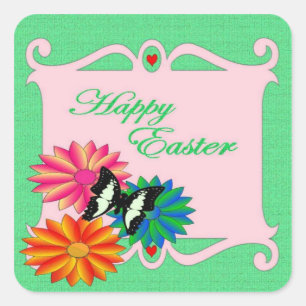 Paaskleurige bloemen en vlinder vierkante sticker