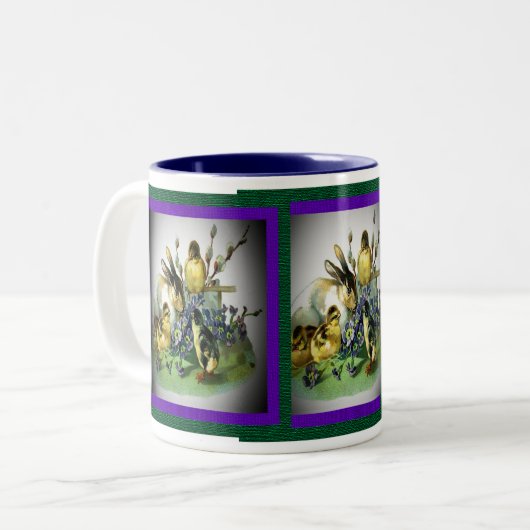  paaskonijn, Baby en bloemen, ZSSG Tweekleurige Koffiemok (Voorkant links)