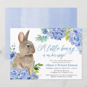 Paaskonijn blauwe bloemstuk jongens baby shower kaart