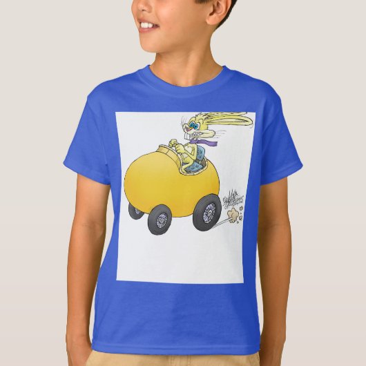 Paaskonijn, die een ei bestuurt. t-shirt (Voorkant)