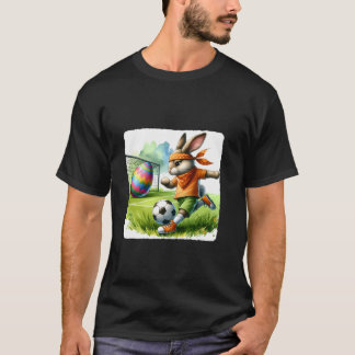 Paaskonijn die voetbal speelt met een feestelijke  t-shirt